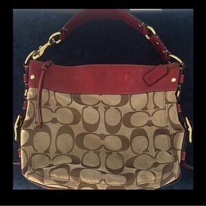 Vintage Coach red leather tan/brown canvas purse with gold metal